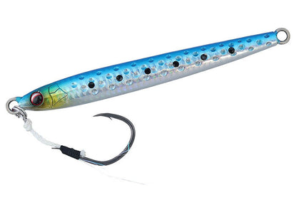 Джиг DAIWA SHORE SPARTAN DARTIN JIG - 10.9cm/40gr, блестящий, голубой, с черными точками, идеален для рыбалки.