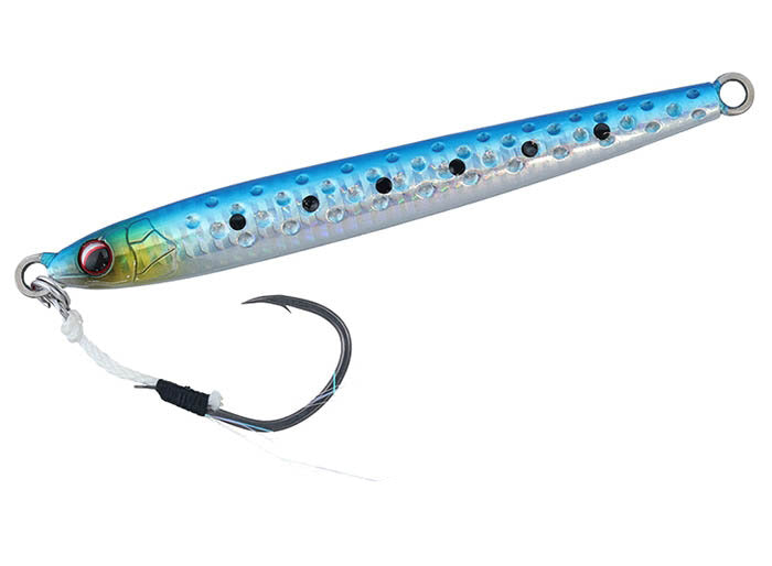Джиг DAIWA SHORE SPARTAN DARTIN JIG - 14cm/90gr, синий блеск с черными точками и крючком