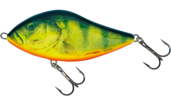 Воблер SALMO Slider FLOATING - 10cm/36g RHP на фон с прозрачни квадрати.
