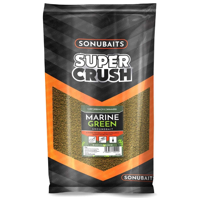 Захранка SONUBAITS Marine Green - 2kg в пакет с ярък дизайн и информация за продукта.
