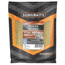 Пелети SONUBAITS Stiki Method Pellets Power Scopex - 2mm in a packaging showcasing its features and size.