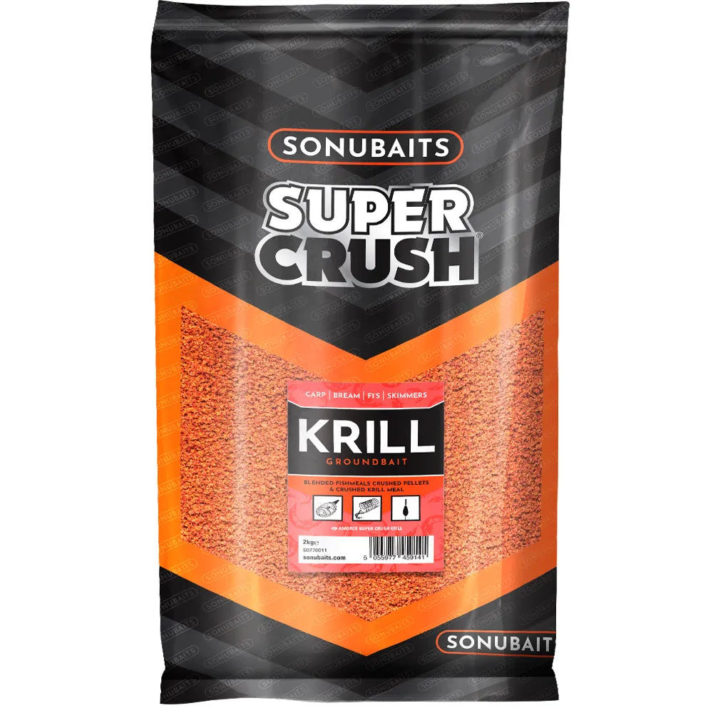 Захранка SONUBAITS Super Crush Krill - 2kg опаковка с ярък дизайн и информация за смесване.