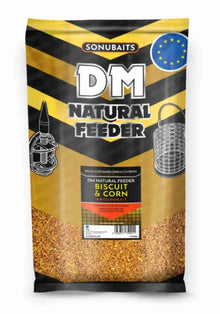 Захранка SONUBAITS DM Natural Feeder Groundbait - Biscuit & Corn 1kg packaging with product details.