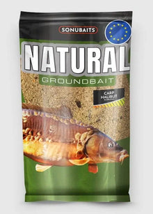 Захранка SONUBAITS Natural Carp Halibut - 1kg in packaging with fish image and product details