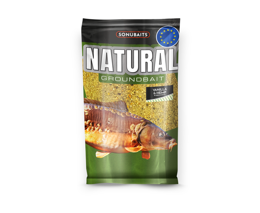 Захранка SONUBAITS Natural Vanilla & Hemp - 1kg packaging with fish illustration and natural ingredients.