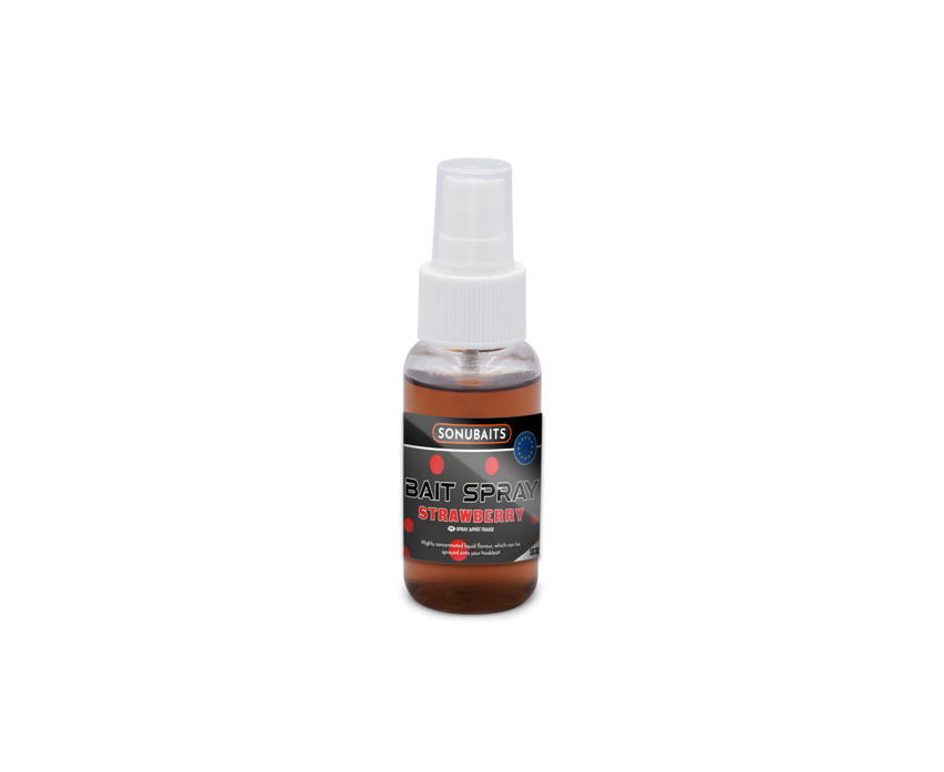 Течен ароматизатор SONUBAITS Bait Spray - 50ml с аромат на ягоди за интензивно привличане на риба.