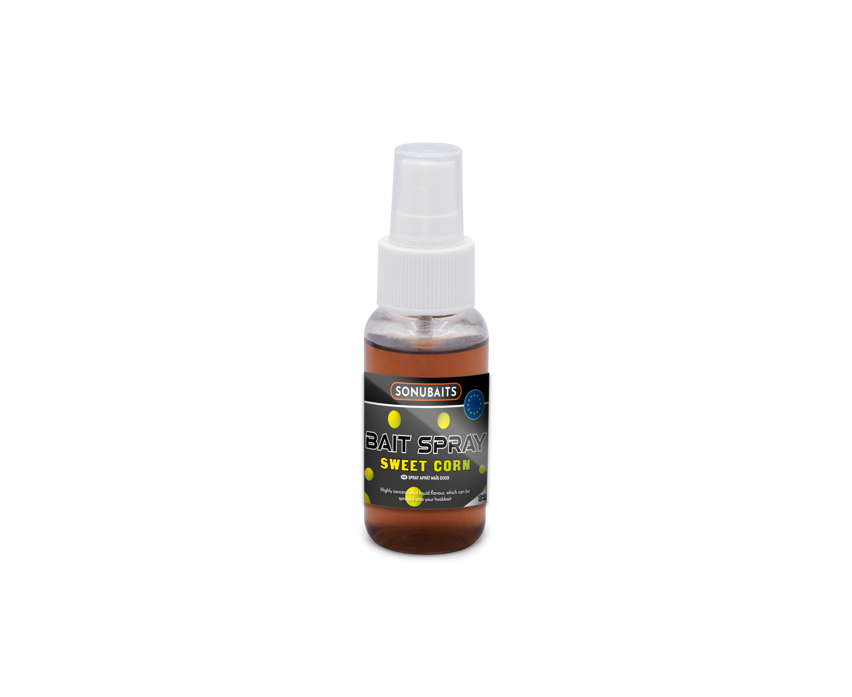 Течен ароматизатор SONUBAITS Bait Spray - 50ml с аромат на сладка царевица в спрей бутилка.