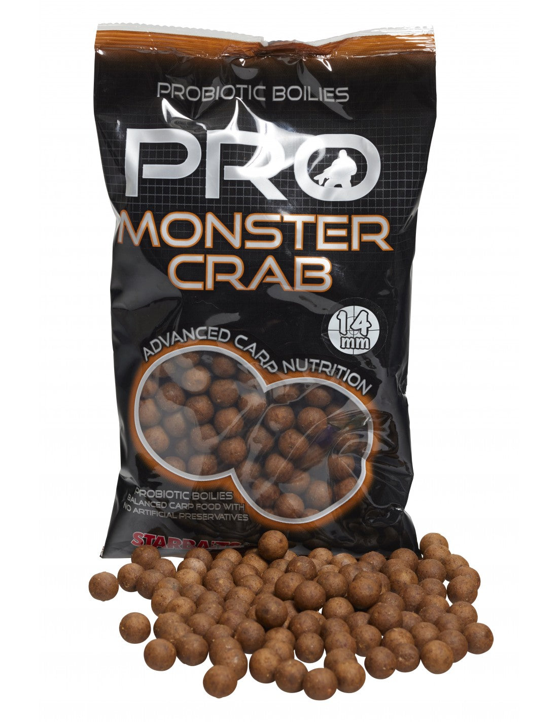 Протеинови топчета STARBAITS PRO MONSTERCRAB BOILIES 14MM - 1KG, пакет с пробиотични боили и топчета за риболов.