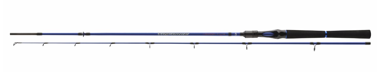 Спининг въдица Daiwa TRIFORCE TS CASTER - 2.10m/7-28gr на фона на бял плат, представяща ултра модерен дизайн.