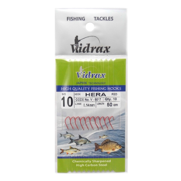 Вързани куки Vidrax HERA V-5017 Червени - опаковка с 10 червени куки от карбонова стомана.