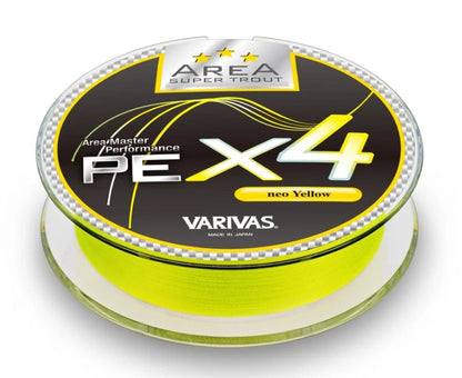 Плетено влакно VARIVAS AREA Super Trout PE x4 [Yellow] - 75m на макара с ярко жълто влакно.