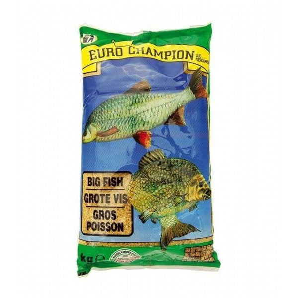 Захранка Van Den Eynde BIG FISH - 1kg, високоактивна захранка за едри риби, опакована в зелена торба.