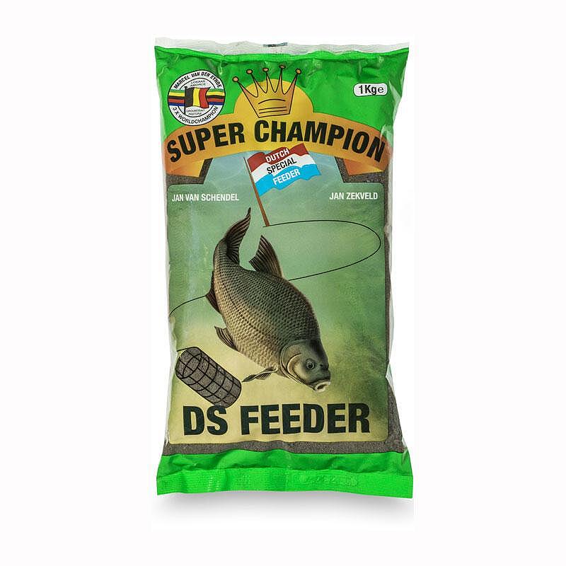 Захранка Van Den Eynde DS FEEDER - 1kg в опаковка с риба и хранилка, подходяща за риболов с фидер.