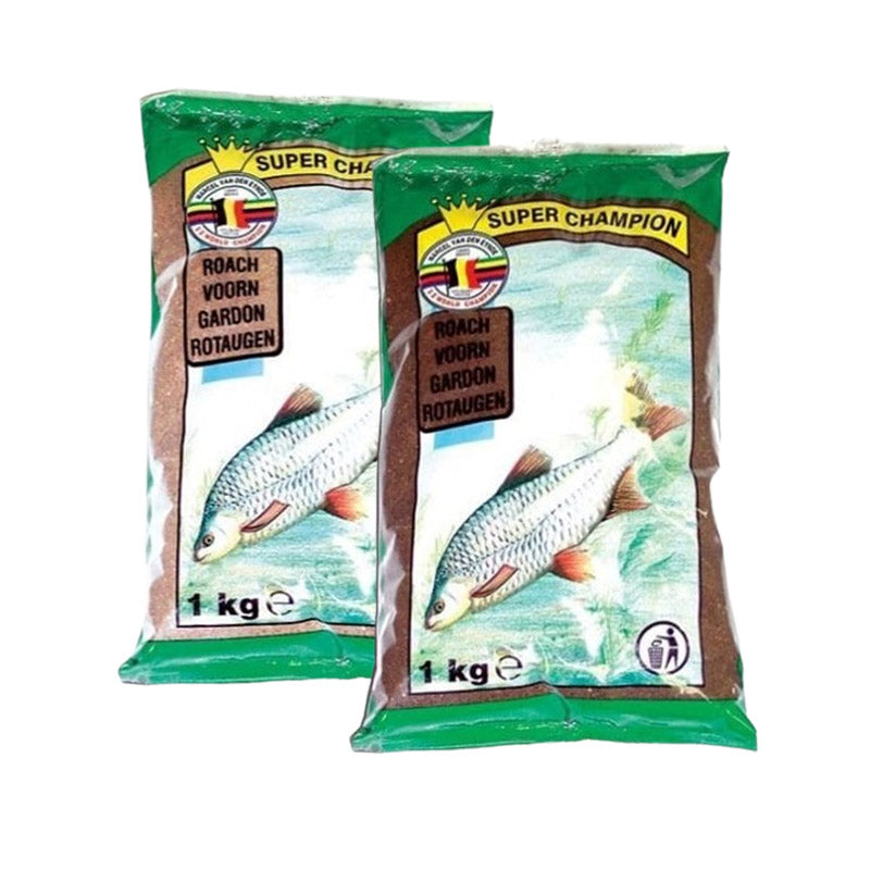 Захранка VDE Super Champion Roach 1kg - Black/White, опаковки с риба, идеална за риболов на червеноперка.