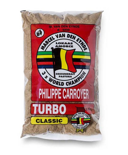 Захранка Van Den Eynde TURBO - 2kg, CLASSIC groundbait for fishing, packed in a clear bag with red accents.