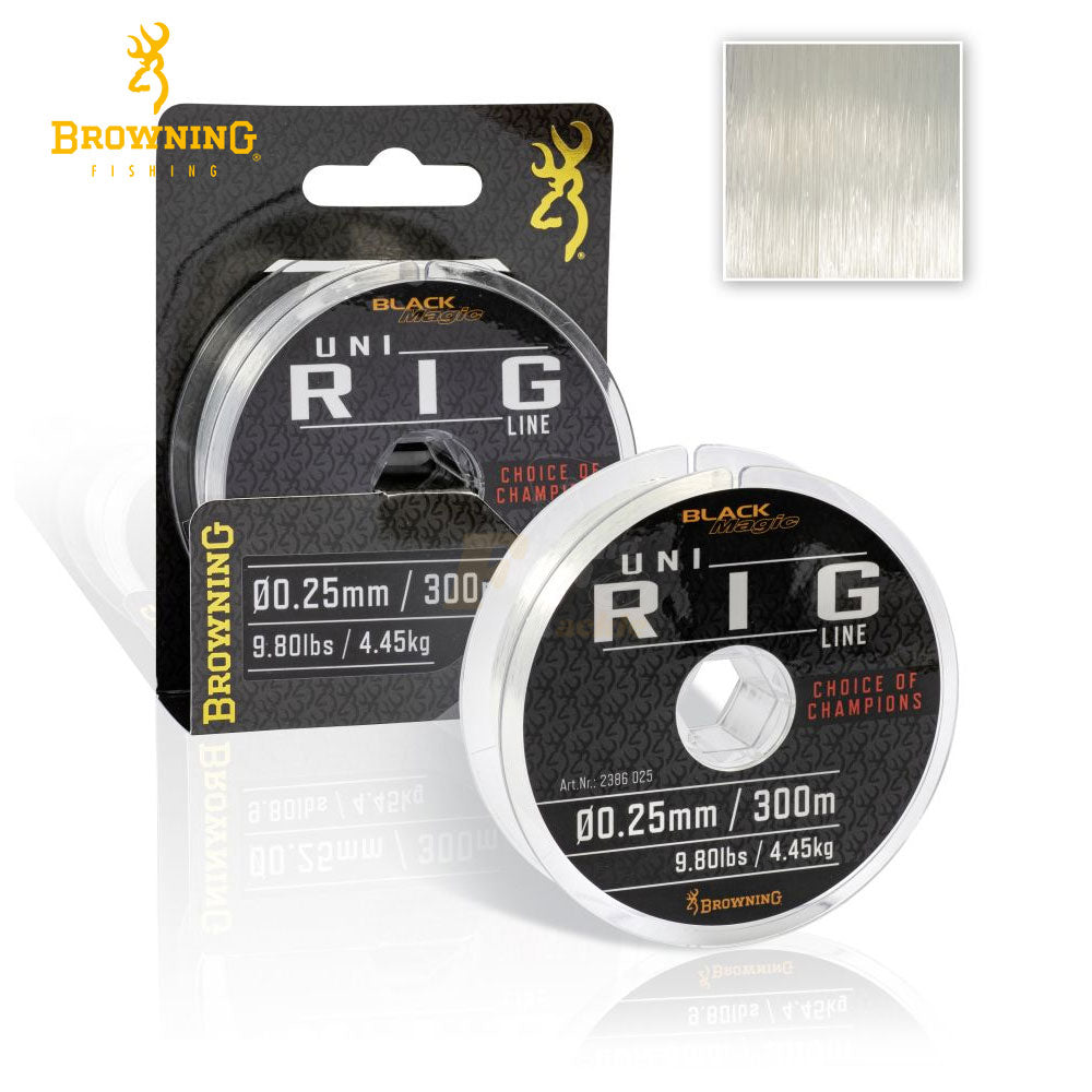 Монофилно влакно BROWNING Black Magic Uni Rig Line - 300m Ø 0.14mm/1.50kg на макара с ясно видима линия.