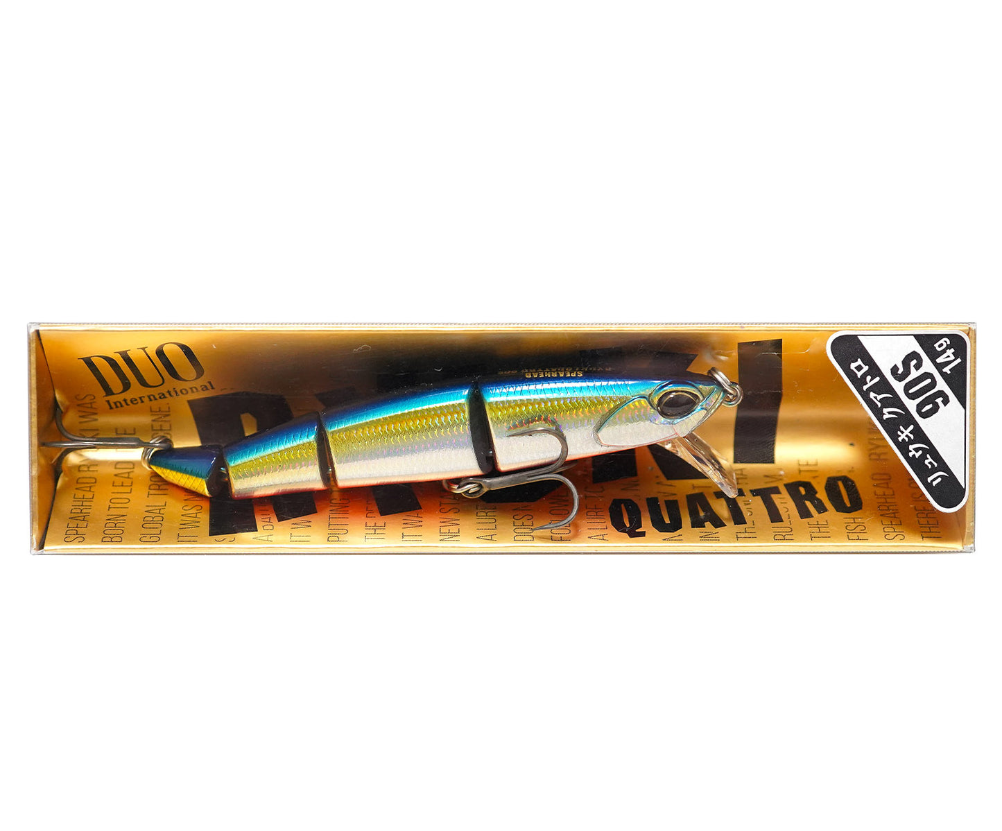 Воблер Duo SPEARHEAD RYUKI QUATTRO 90S - 9.0cm/14.0gr - Sinking in packaging, showcasing vibrant colors and design.