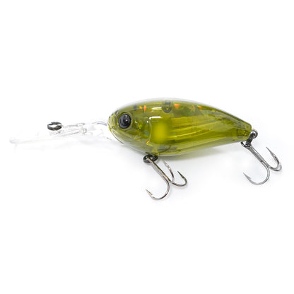 Воблер Hide Up HU-300F - 5.8cm/16.0gr - Floating in green color with treble hooks on a white background.