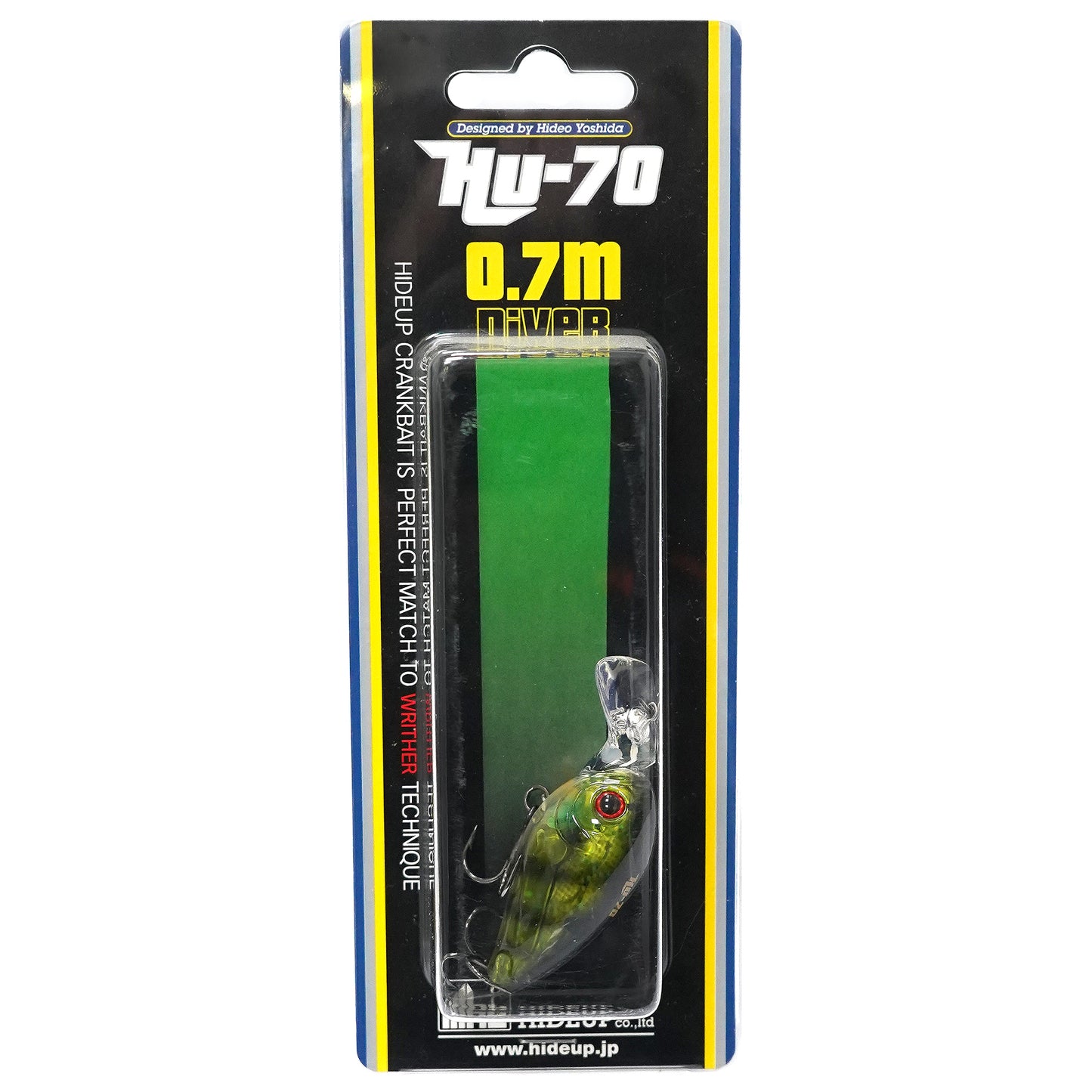 Воблер Hide Up HU-70F - 6.0cm/8.6gr - Floating, showcasing a green and yellow package with the lure inside.