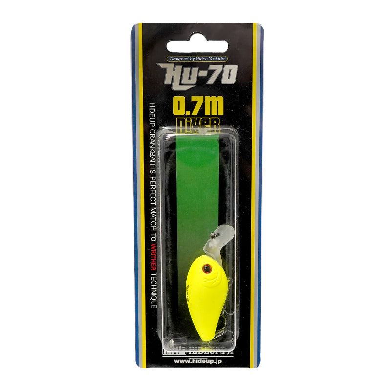 Воблер Hide Up HU-70F - 6.0cm/8.6gr - Floating, yellow crankbait in packaging for fishing.