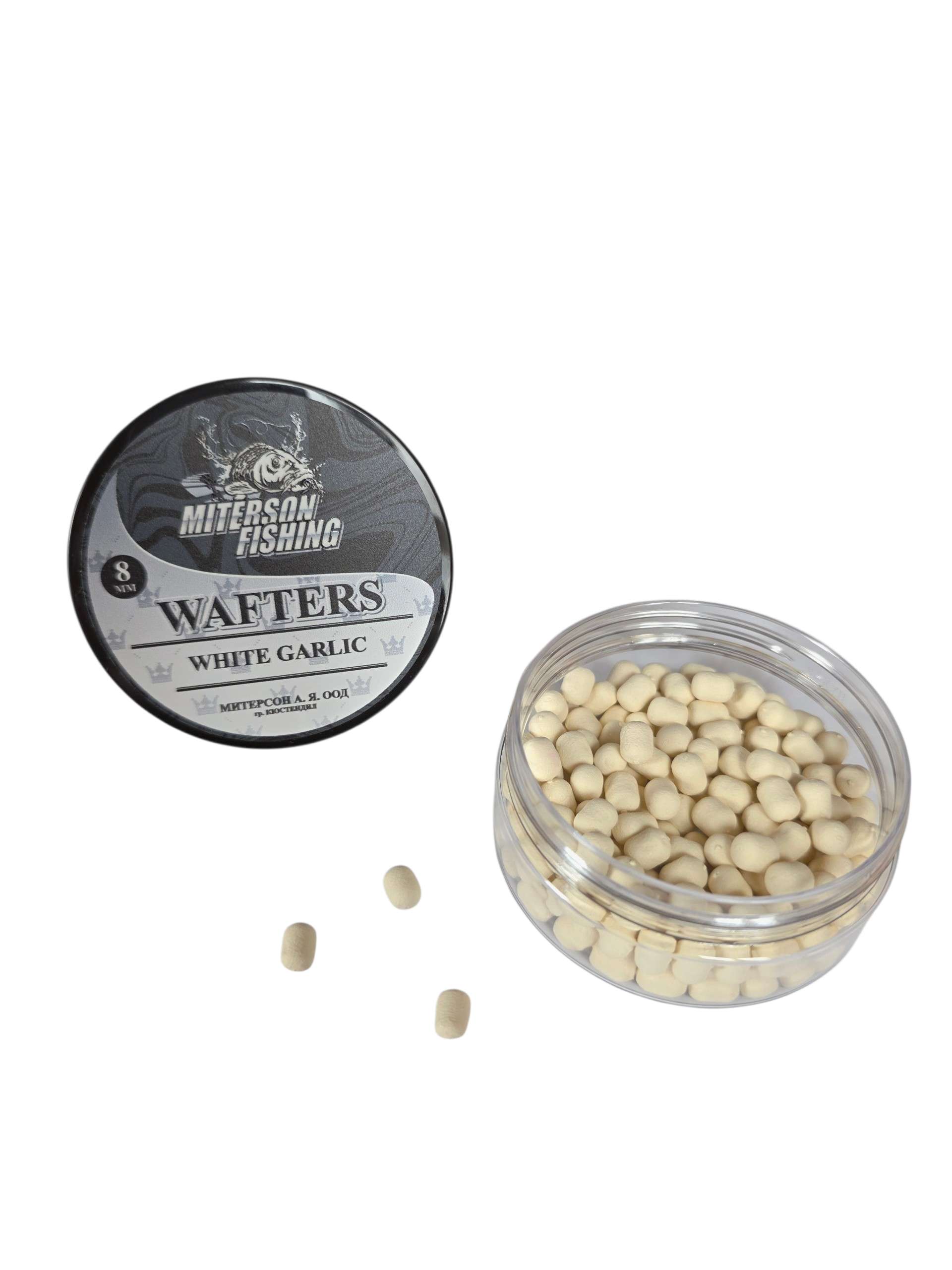 Miterson Premium Wafters Dumbell - 8mm, бели чеснови стръвки за риболов, висока видимост и силен аромат.