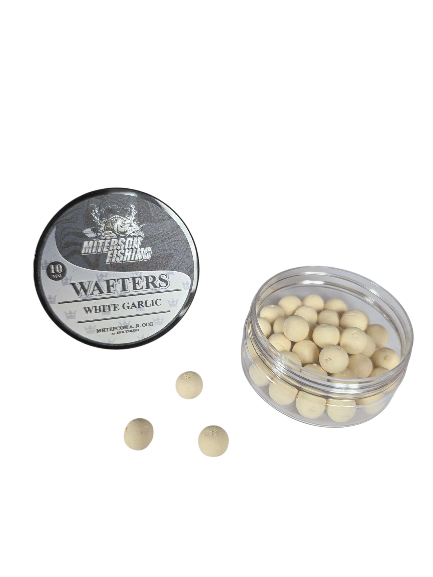 Miterson Premium Wafters Round - 10mm бели чеснови стръвки в опаковка, перфектен избор за шаранджийски риболов.