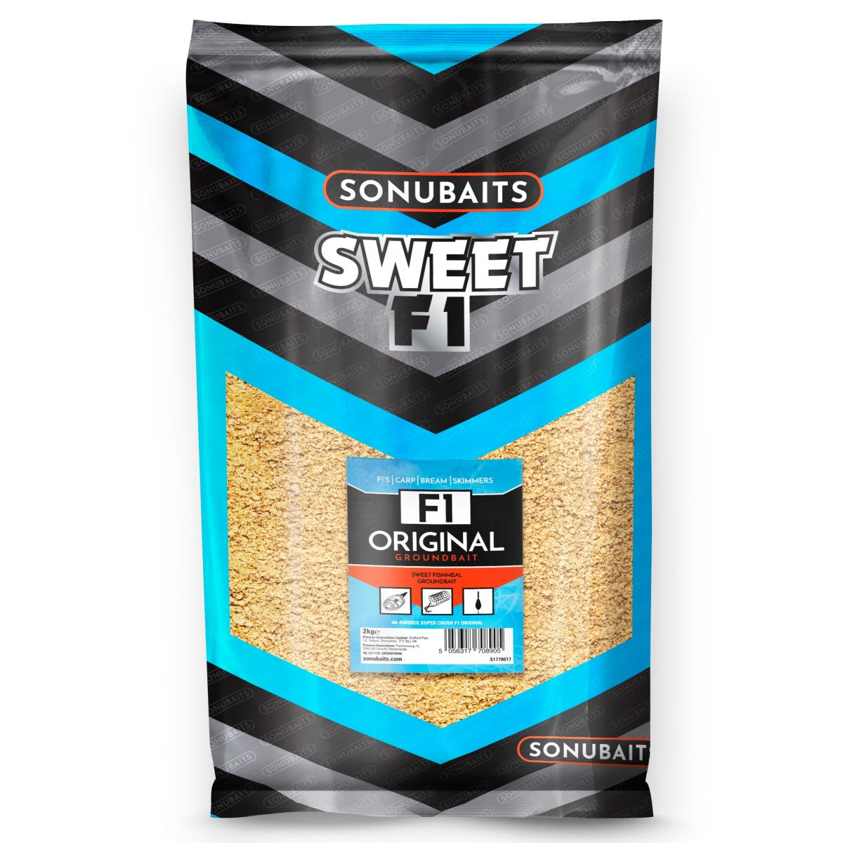 Захранка SONUBAITS F1 Original Sweet Groundbait - 2kg в опаковка с ярък дизайн и информация за смесване.
