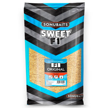 Захранка SONUBAITS F1 Original Sweet Groundbait - 2kg в опаковка с ярък дизайн и информация за смесване.