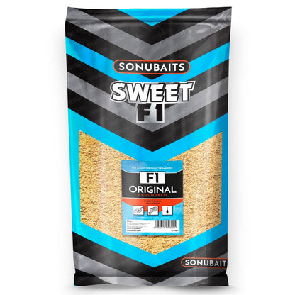 Захранка SONUBAITS F1 Original Sweet Groundbait - 2kg в опаковка с ярък дизайн и информация за смесване.