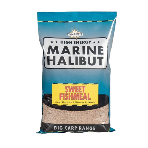 Захранка DYNAMITE Marine Halibut Sweet Fishmeal Groundbait -1кг в опаковка с високо съдържание на рибено брашно.