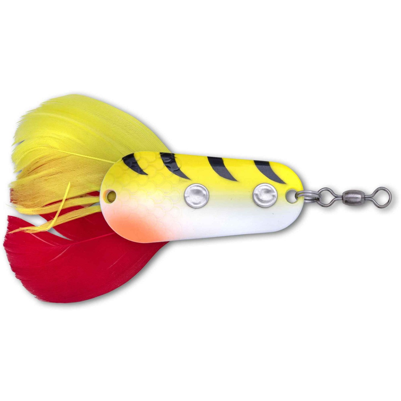 Клатушка ZEBCO Trophy Z-Weedless Ace - 5.2cm/22gr с жълти и червени пера за риболов на щука в обрасли водоеми.